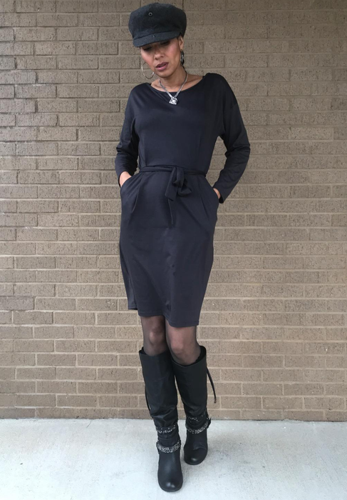 another reviewer styling the black dress with tights and black boots