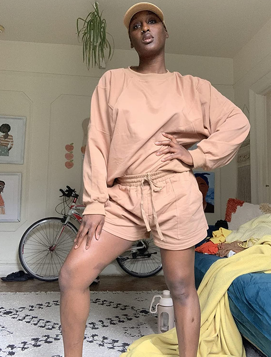 reviewer styling the tan shorts set