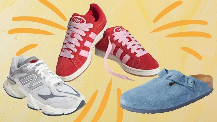 Trending styles include New Balance's 9060 Y2K sneakers, Adidas' Campus 00s sneakers, and Birkenstock Boston clogs with cushioned soles.