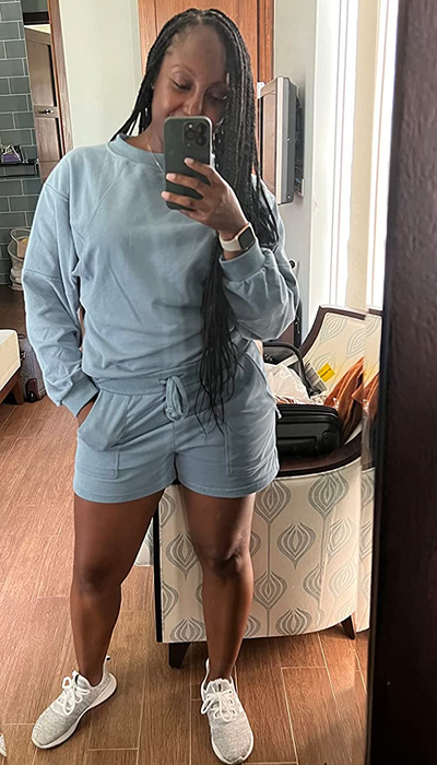 another reviewer showcasing the blue shorts set