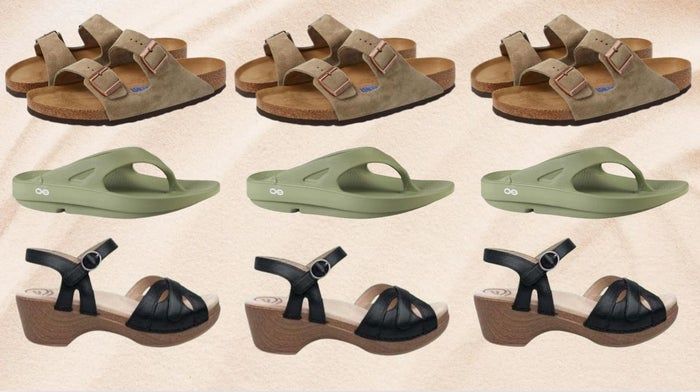 Birkenstock Arizona, Oofos flip-flops, and Dansko Season sandals.