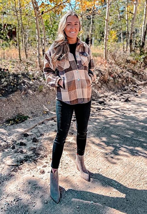 Reviewer styling the tan and brown plaid shacket