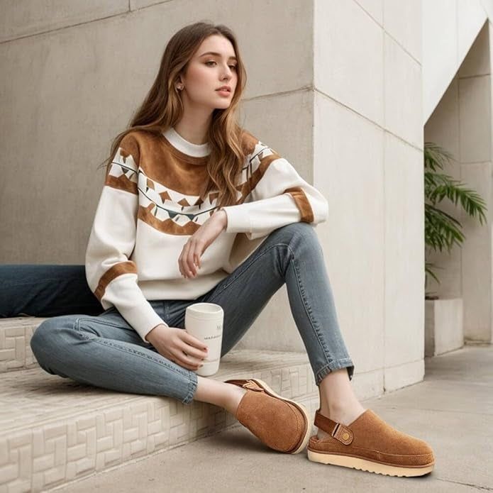A model showcasing beige slipper clogs.