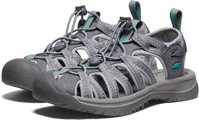The grey and peacock green sandals