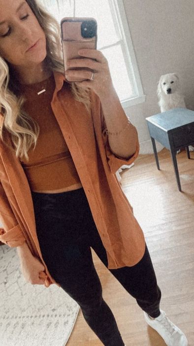another reviewer wearing the orange shacket