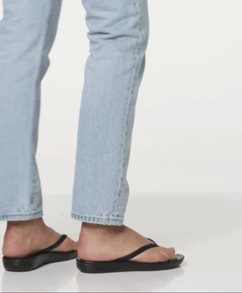 GIF of a model wearing black sandals.