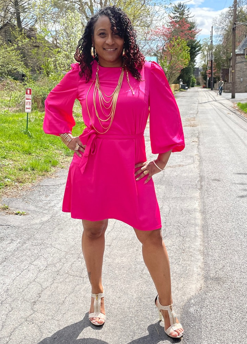 another reviewer showcasing the pink silk dress