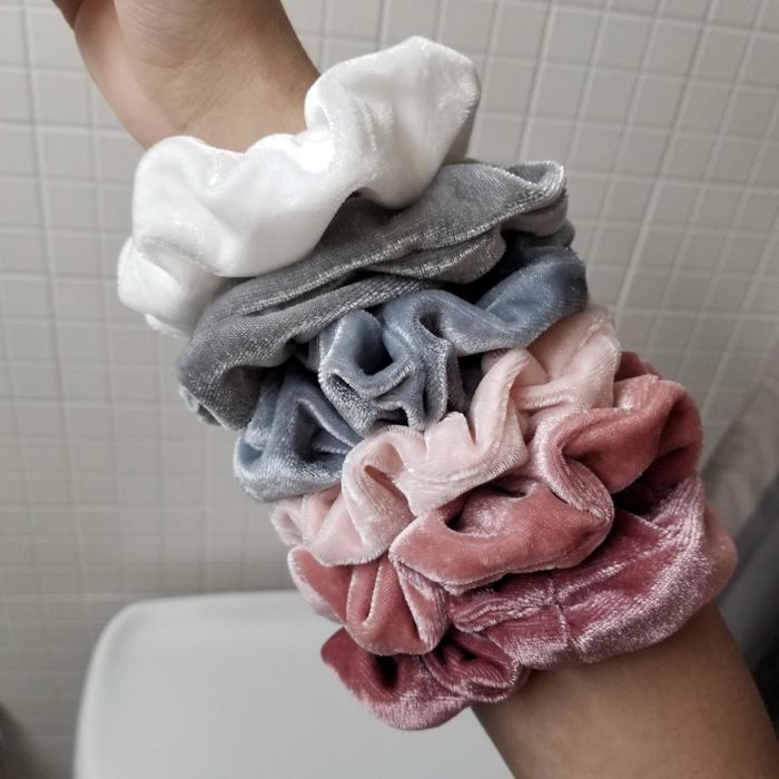 A reviewer's photo showing the scrunchies from the blush set