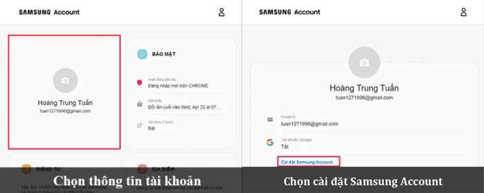 Nhấn chọn Cài đặt tài khoản Samsung.