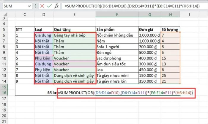 Ví dụ minh họa kết hợp hàm OR
