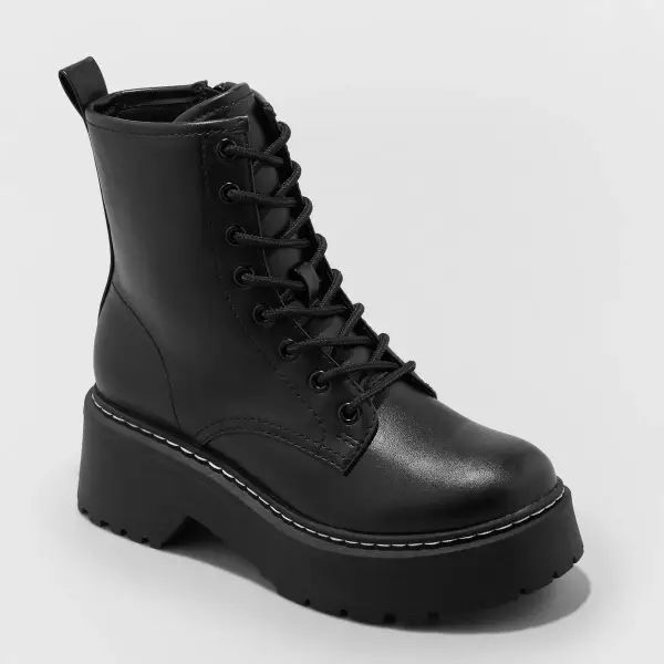 Black lace-up combat boots.