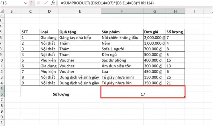 Kết quả thu được sau khi áp dụng công thức hàm SUMPRODUCT với điều kiện