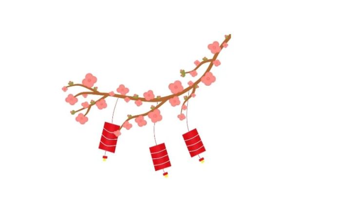 Biểu tượng hoa đào và chùm đèn pháo