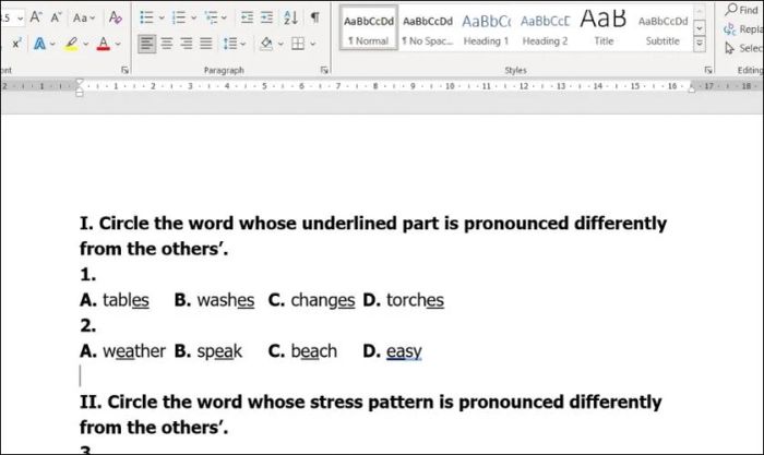 Kết quả sau khi giãn khoảng cách giữa các đáp án trắc nghiệm trong Word 2010