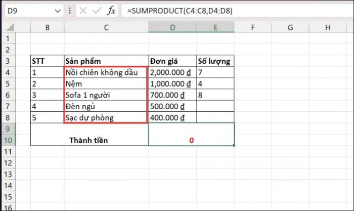 Lỗi kết quả bằng 0 khi sử dụng hàm SUMPRODUCT với điều kiện