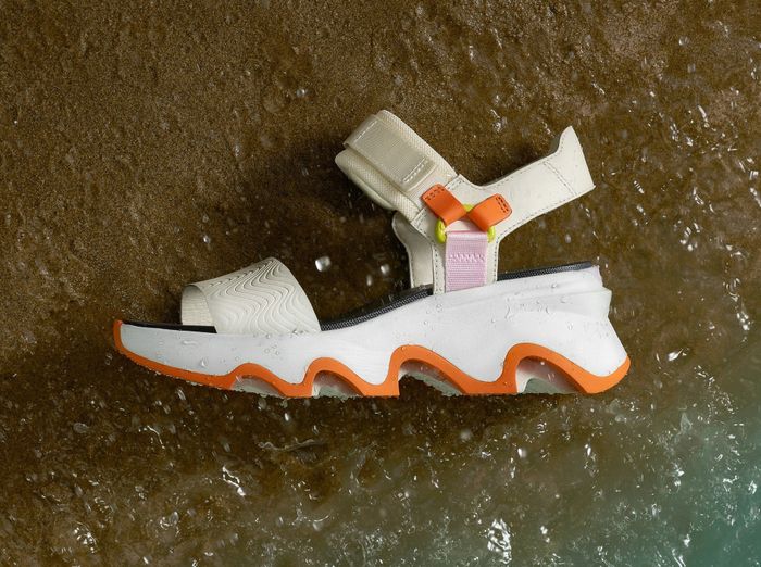 A sandal with a chunky sole and Velcro straps washed ashore