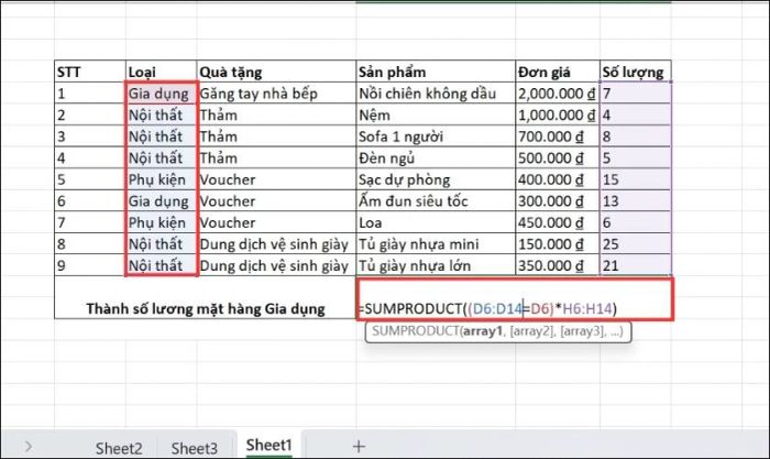 Hướng dẫn sử dụng hàm SUMPRODUCT với điều kiện