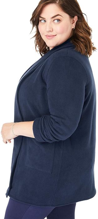 A model sporting the cardigan in a rich navy shade
