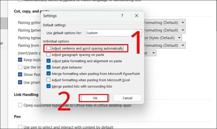 Bỏ chọn Adjust sentence and word spacing automatically trong hộp thoại Settings
