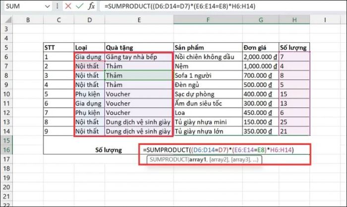 Hướng dẫn sử dụng hàm SUMPRODUCT với nhiều điều kiện