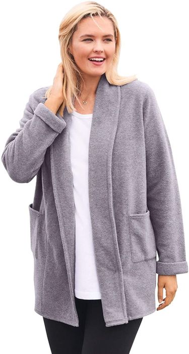 A model wearing the cardigan in a sleek gray hue