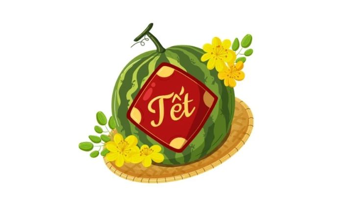 Biểu tượng hoa mai vàng và dưa hấu đỏ
