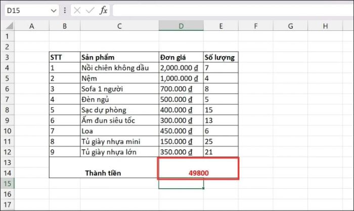 Kết quả thu được sau khi áp dụng hàm