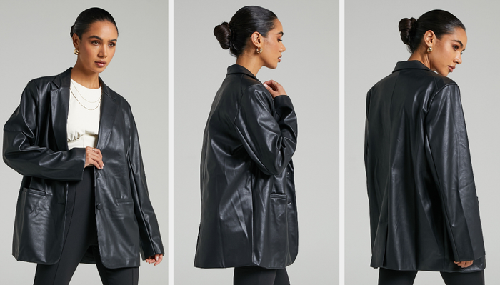 Three photos of a model wearing the black jacket