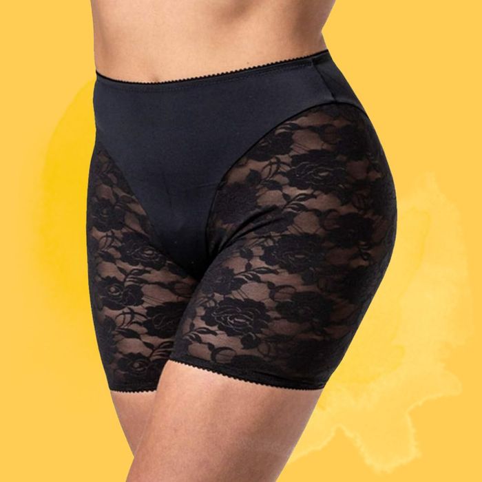 Model wearing the black shorts