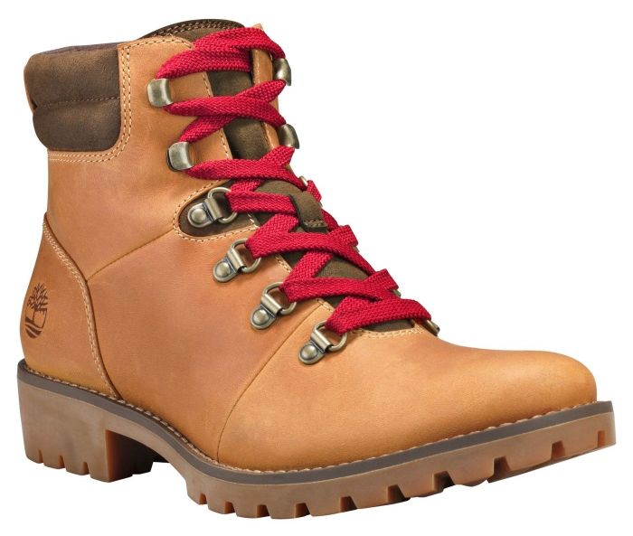 tan Timberland hiking boots with red laces