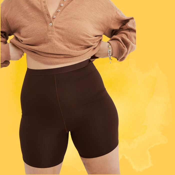 Model wearing the black shorts