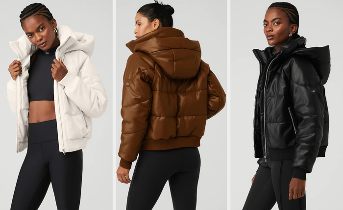 Three photos of models showcasing faux leather puffer jackets in white, brown, and black