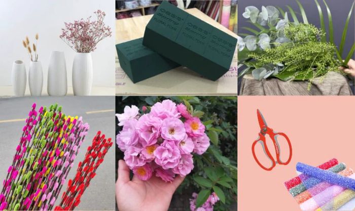 Chuẩn bị đầy đủ nguyên liệu và dụng cụ để cắm hoa