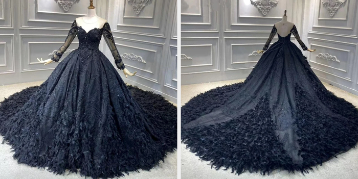 Two photos of the black wedding gown