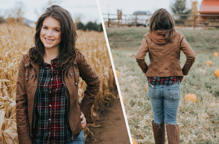Two photos of a reviewer wearing a brown jacket