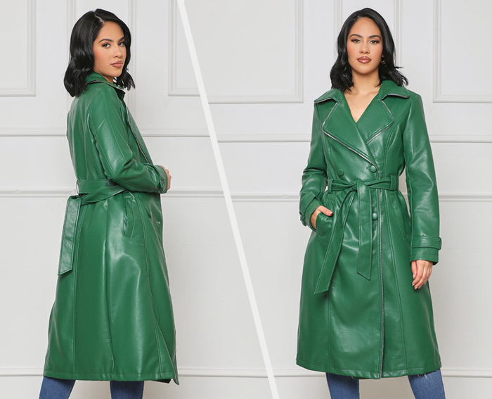 Two photos of a model wearing the green coat