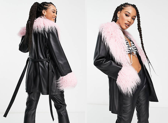 Two photos of a model showcasing the black and pink jacket