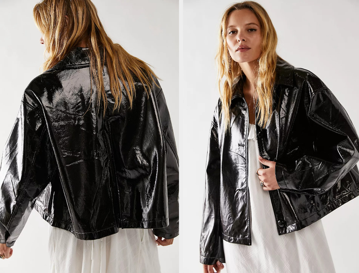 Two photos of a model wearing the black jacket