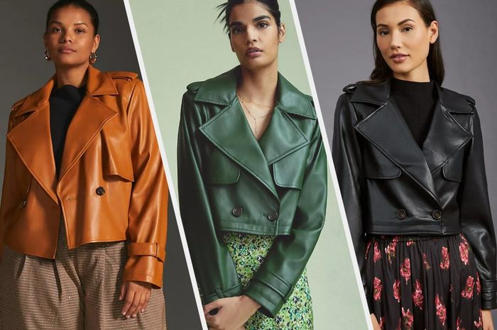 Three photos of models wearing brown, green, and black jackets