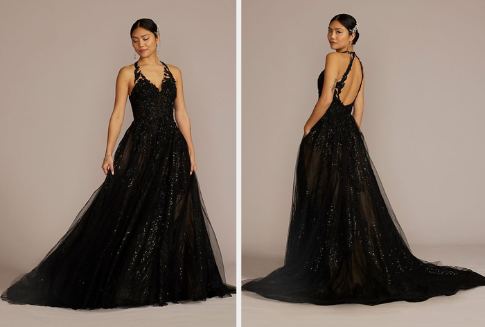 Two images of a model in a long black wedding dress