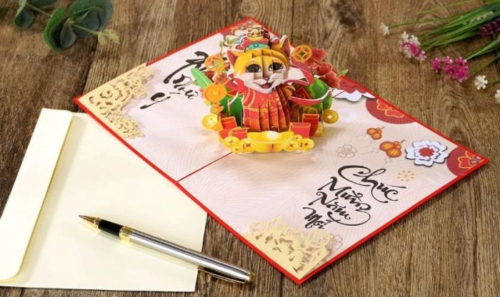 Mẫu thiệp chúc Tết 3D hình mèo thần tài chuyên nghiệp