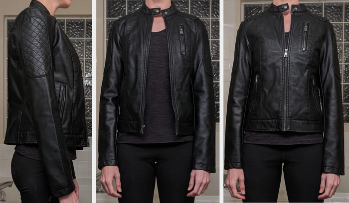 Three photos of a reviewer wearing the black jacket