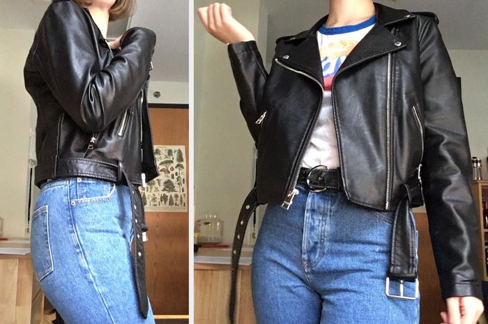 Two photos showcasing a reviewer in a sleek black jacket