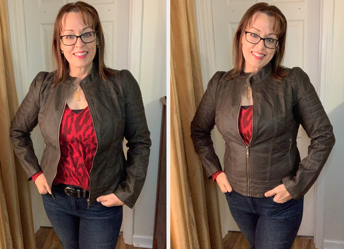 Two photos of a reviewer wearing a brown jacket