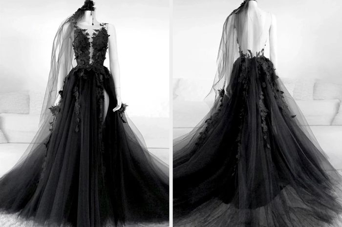 Two photos showcasing a long black wedding gown