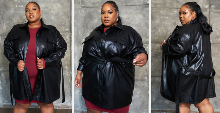 Three photos of a model wearing the black shacket