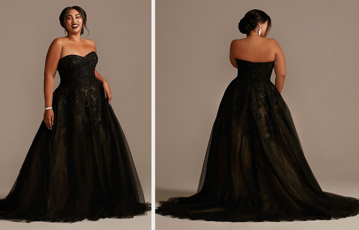 Two images of a model in a black strapless gown