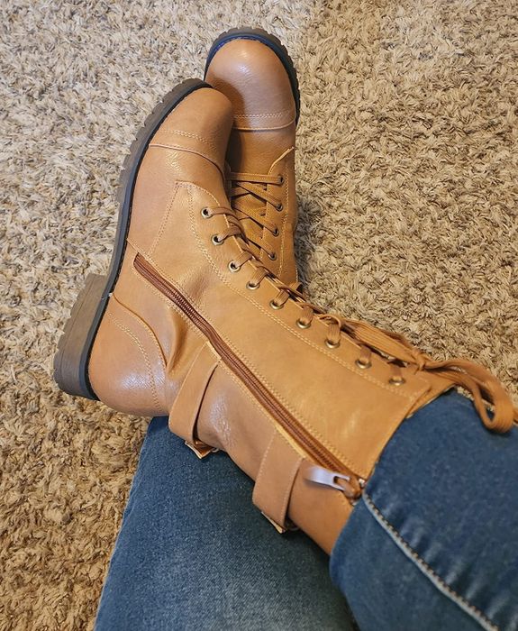 close-up of another reviewer wearing the camel-colored combat boots