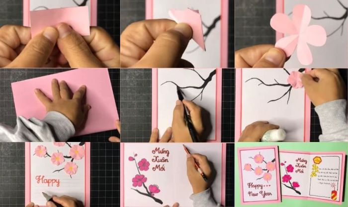 Hướng dẫn làm thiệp Tết 3D đơn giản từ giấy A4 màu