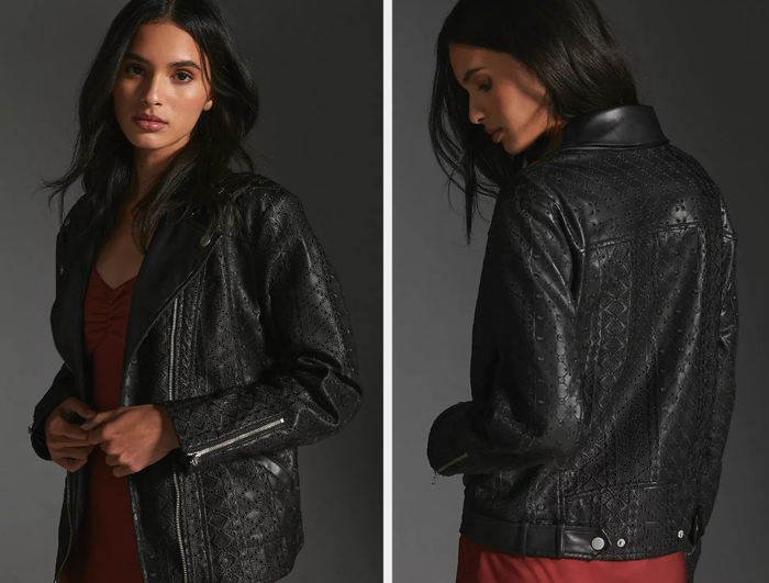Two photos of a model showcasing the black jacket